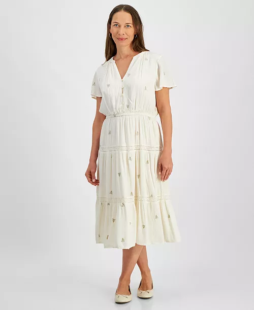 petite v-neck lace-trim-tier a-line dress, exclusively at macy's