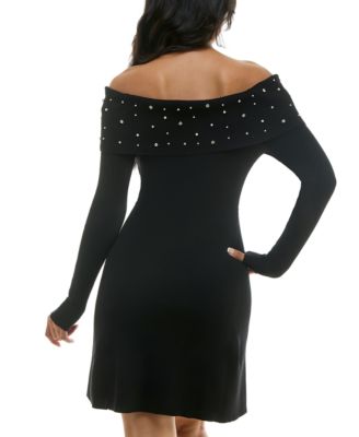Juniors' Embellished Off-The-Shoulder Sweater Dress