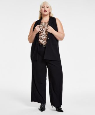 Trendy Plus Size Collared Vest Cheetah Print Sleeveless Jersey Top Grommet Belt Wide Leg Pants Created For Macys