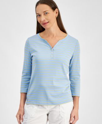 Style & Co - Petite Striped Henley 3/4-Sleeve Top