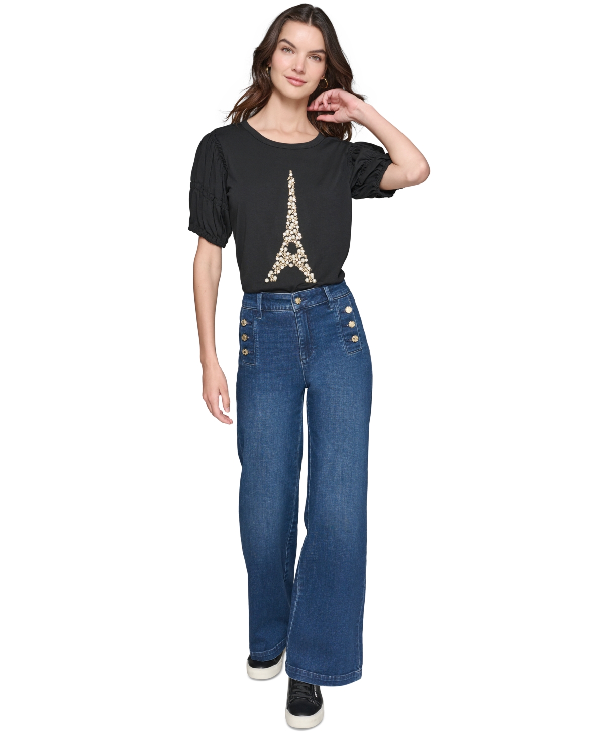 Karl Lagerefeld Paris Women's Puff Sleeve Embellished Eiffel Tower T-Shirt - Gold