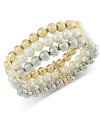 Charter Club - Two-Tone 3-Pc. Set Imitation Pearl Stretch Bracelets