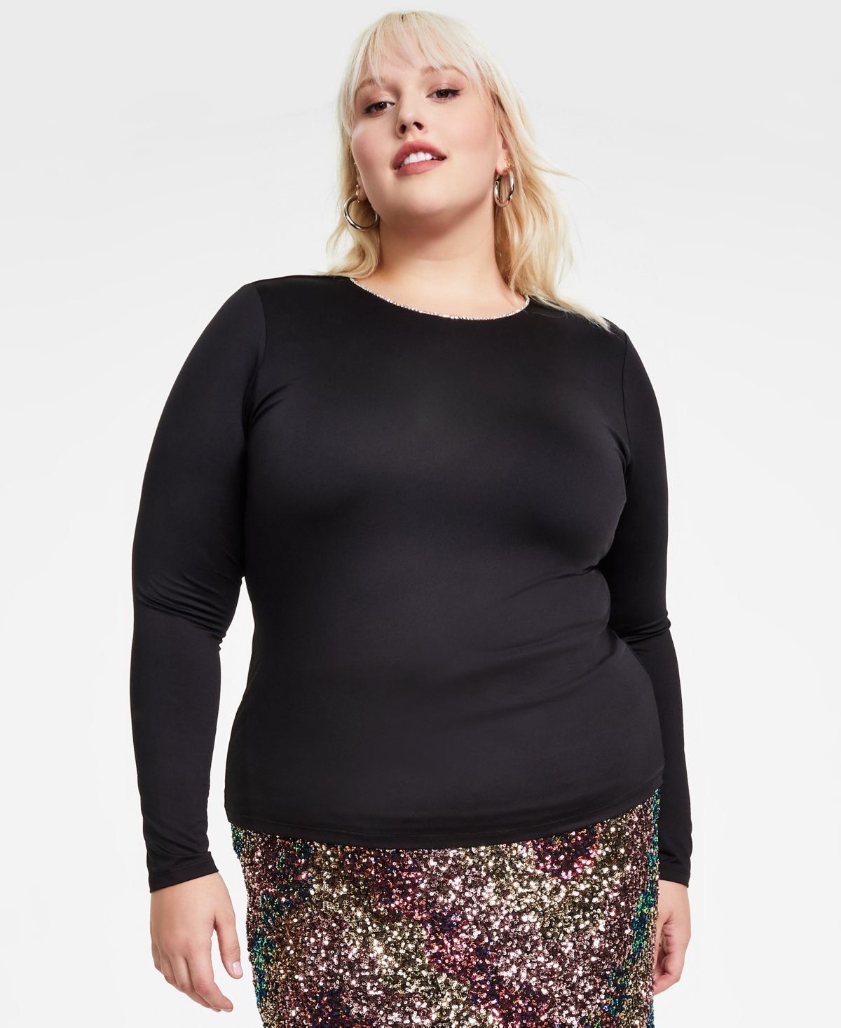 Bar Iii Trendy Plus Size Rhinestone-trim Long-sleeve Top, Exclusively At Macy's In Deep Black