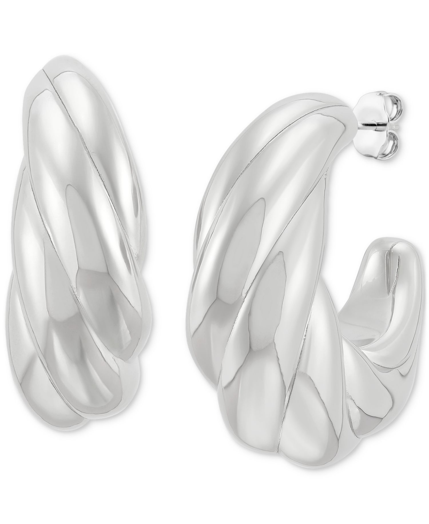 Polished Shrimp Style Medium Hoop Earrings in Sterling Silver, 1.3"