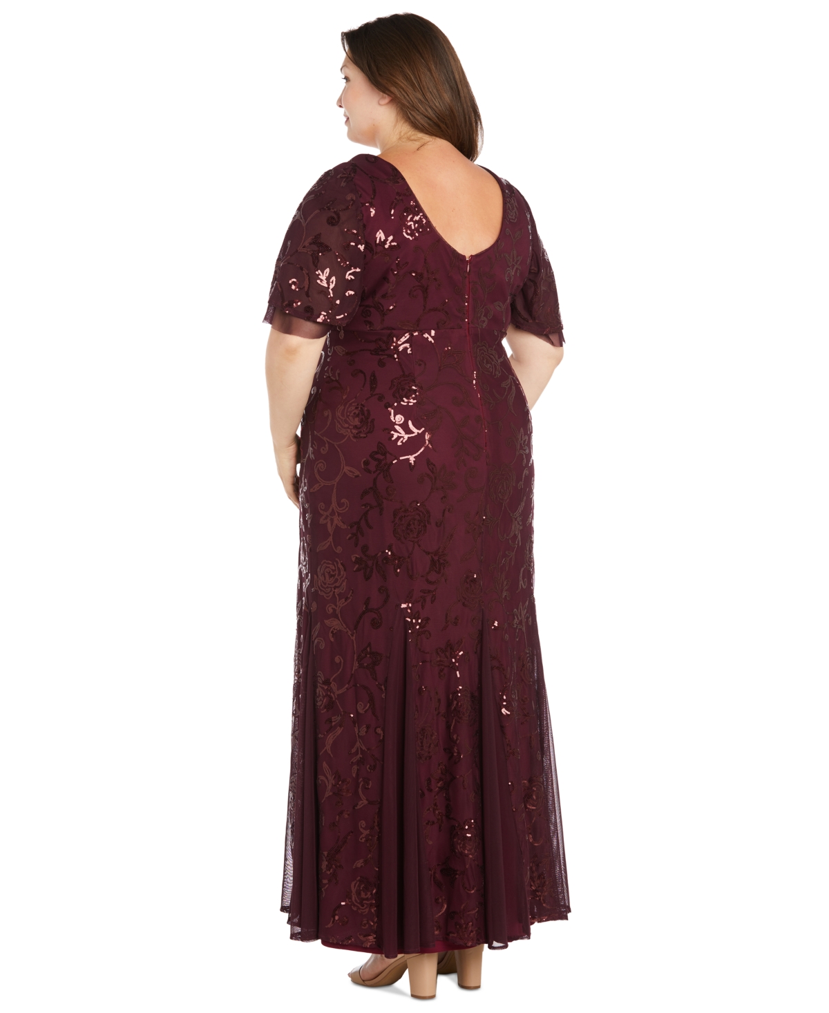 R & M Richards Plus Size Sequin Embellished Flutter-Sleeve V-Neck Gown