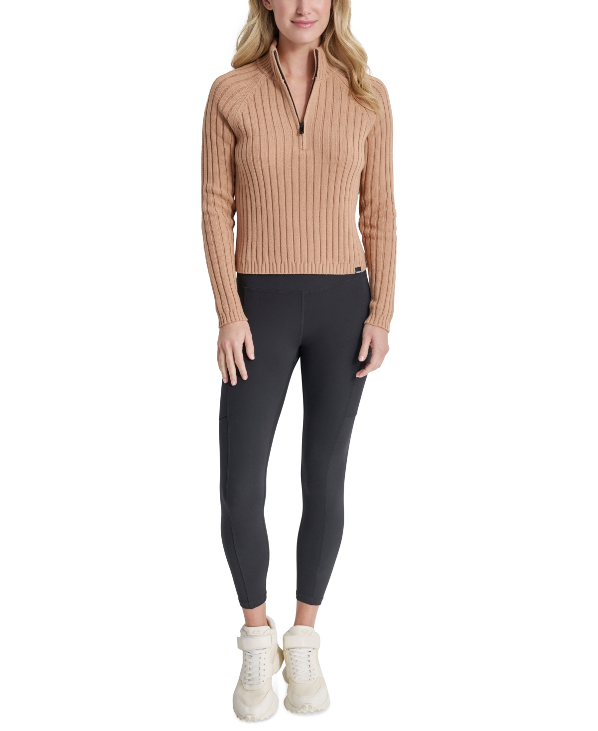 Shop Dkny Sport Women's Half-zip Mock Neck Top In Praline