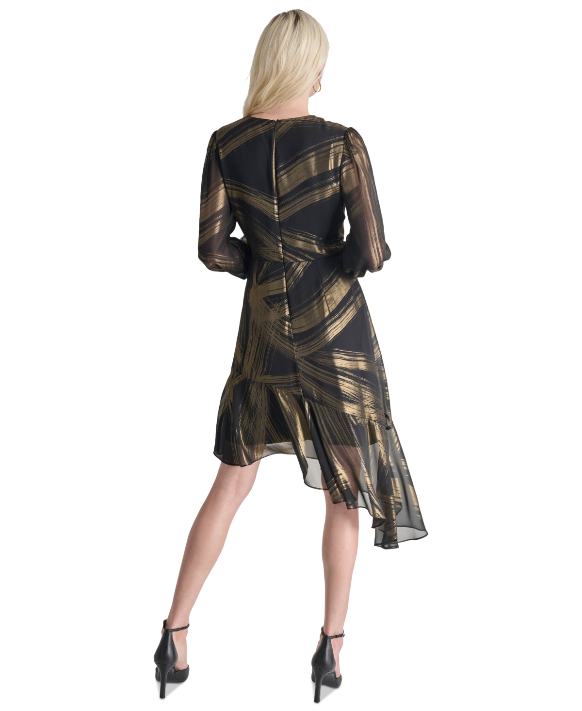 Dkny Women's Metallic-Print Asymmetric-Hem Dress -Gold