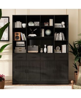 FAMAFY 15-Shelf Standard Bookshelf with Adjustable Shelves, 4 Drawers