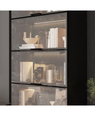 White Wood 4-Shelf Bookcase with Doors and 3-Color LED Lights