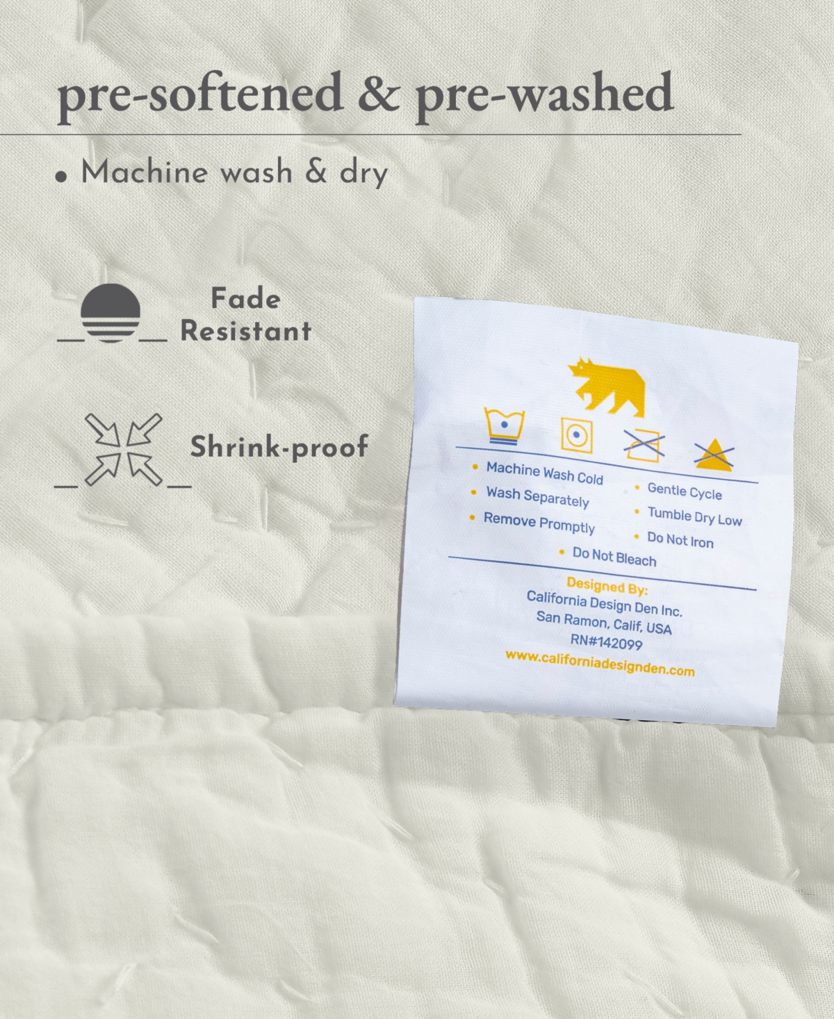 California Design Den Hand-Quilted 100% Cotton Quilt Set, Pre-Softened, 3 Piece Quilt & Sham Set by