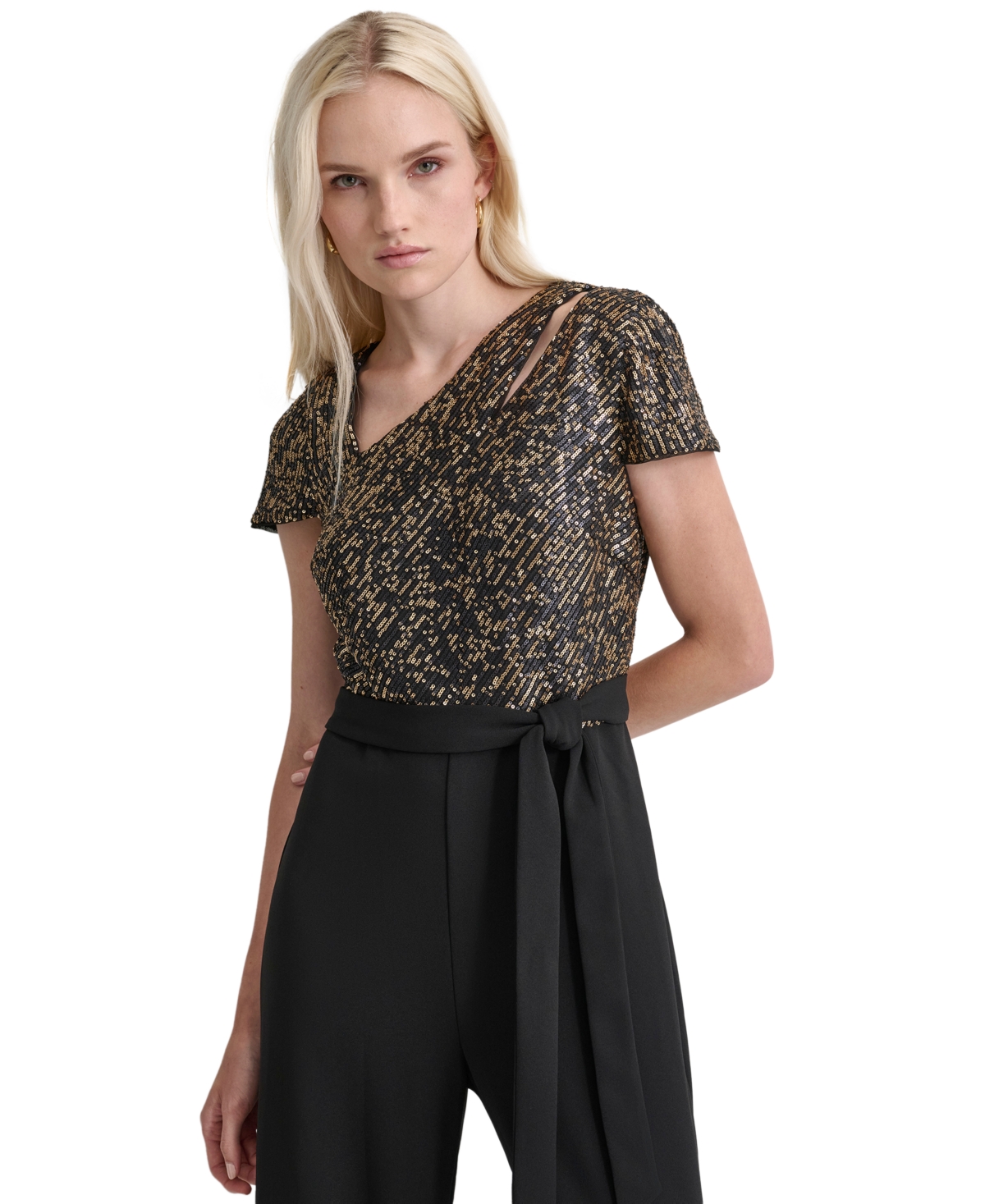 Dkny Women's Shoulder-Cutout Asymmetric Jumpsuit -Gold