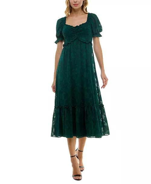 juniors' ruffled smocked puff-sleeve midi dress
