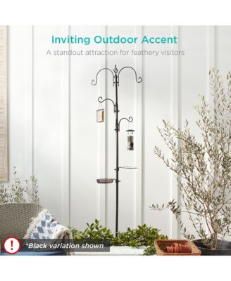 91in 4-Hook Bird Feeding Station, Steel Multi-Feeder Stand w/ 2 Feeders, Tray, Bird Bath