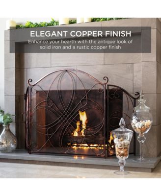 3-Panel 55x33in Wrought Iron Fireplace Safety Screen Decorative Scroll Spark Guard Cover