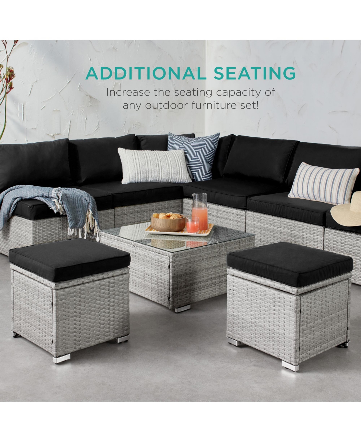 Best Choice Products Set of 2 Wicker Ottomans, Multipurpose Furniture w/ Removable Cushions, Steel Frame -black