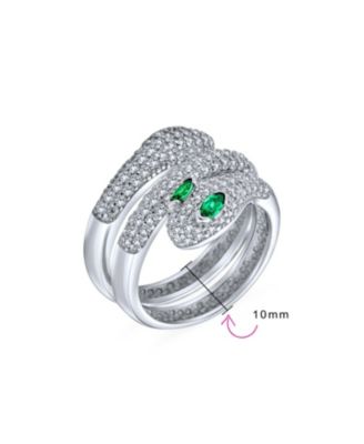 CZ Micro Pave Green Eye Stackable Bypass Wrap Wide Statement Serpent Snake Ring Open Adjustable .925 Sterling Sliver