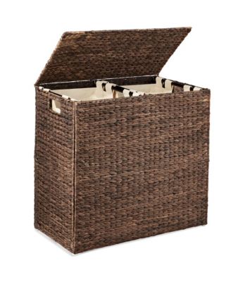 Large Natural Water Hyacinth Double Laundry Hamper Basket w/ 2 Liner Bags, Handles