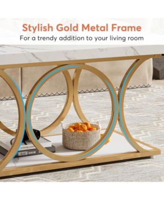 47.24" Modern Coffee Table 2-Tier Faux Marble Wood with Geometric Metal Legs, Stylish & Functional for Living Room Black Friday 2024 Deal