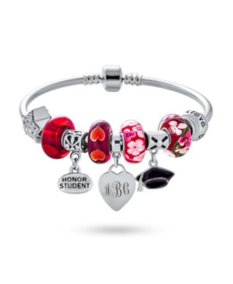 Graduation Cap Charm Bracelet with Crystal Beads and Sterling Silver Clasp