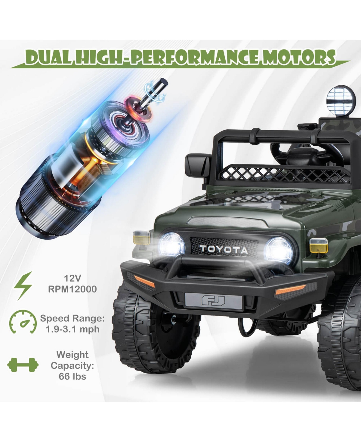 Gymax Licensed Toyota Fj Toddler Ride on Car 12V Battery Powered Kids Truck Camo - Dark green+black
