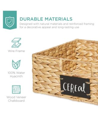 Set of 4 13-Inch Woven Water Hyacinth Pantry Baskets with Chalkboard Label and Chalk Marker