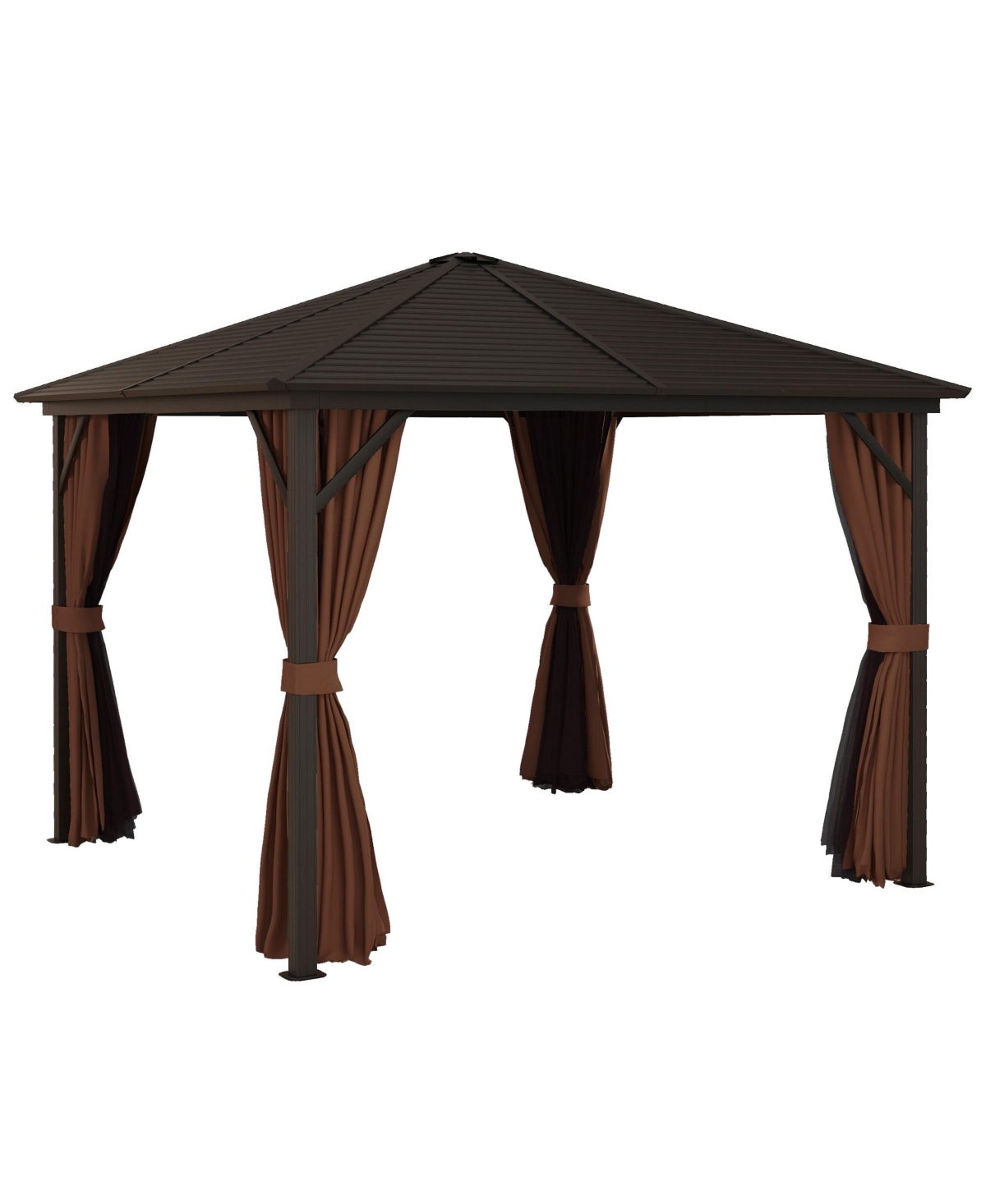 Outsunny 10' x 10' Aluminum Hardtop Gazebo Canopy with Hook, Curtains,- Dark brown
