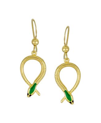 Garden Animal Pet Reptile Egyptian Headed Serpent Snake Dangling Earrings Yellow Gold Plated Sterling Silver