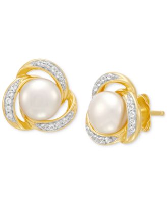 2-Pc. Set Cultured Freshwater Button Pearl (7 & 8mm) & Lab Created White Sapphire (3/8 ct. t.w.) Love Knot Pendant Necklace & Matching Stud Earrings in 14k Gold-Plated Sterling Silver