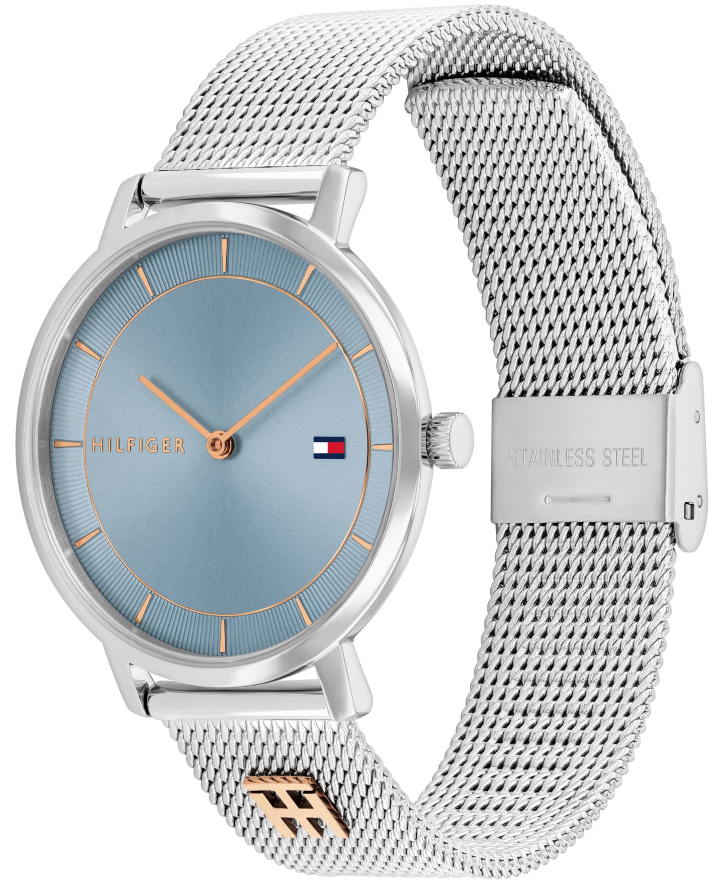 Женские часы Tommy Hilfiger Quartz Silver-Tone Stainless Steel and Carnation Gold Steel Mesh Bracelet Watch 35mm — фото 2