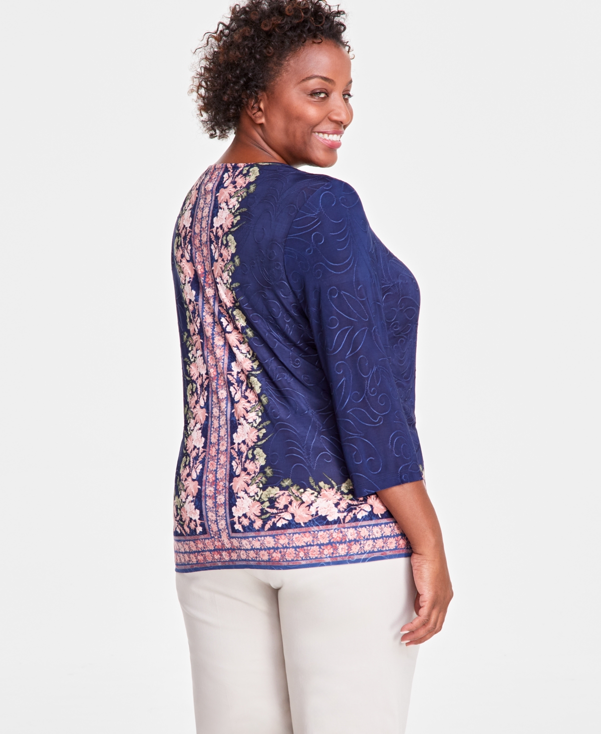 JM COLLECTION PLUS SIZE ENCHANTMENT FLORAL JACQUARD TOP, EXCLUSIVELY AT MACY'S 