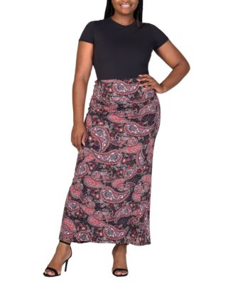 Plus Size Fold Over Waist Printed Maxi Skirt