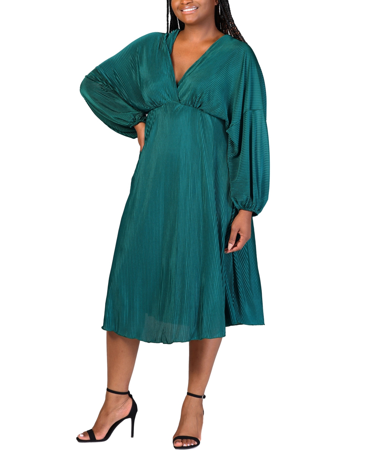 24seven Comfort Apparel Plus Size Shimmer V-neck Midi Dress In Hunter