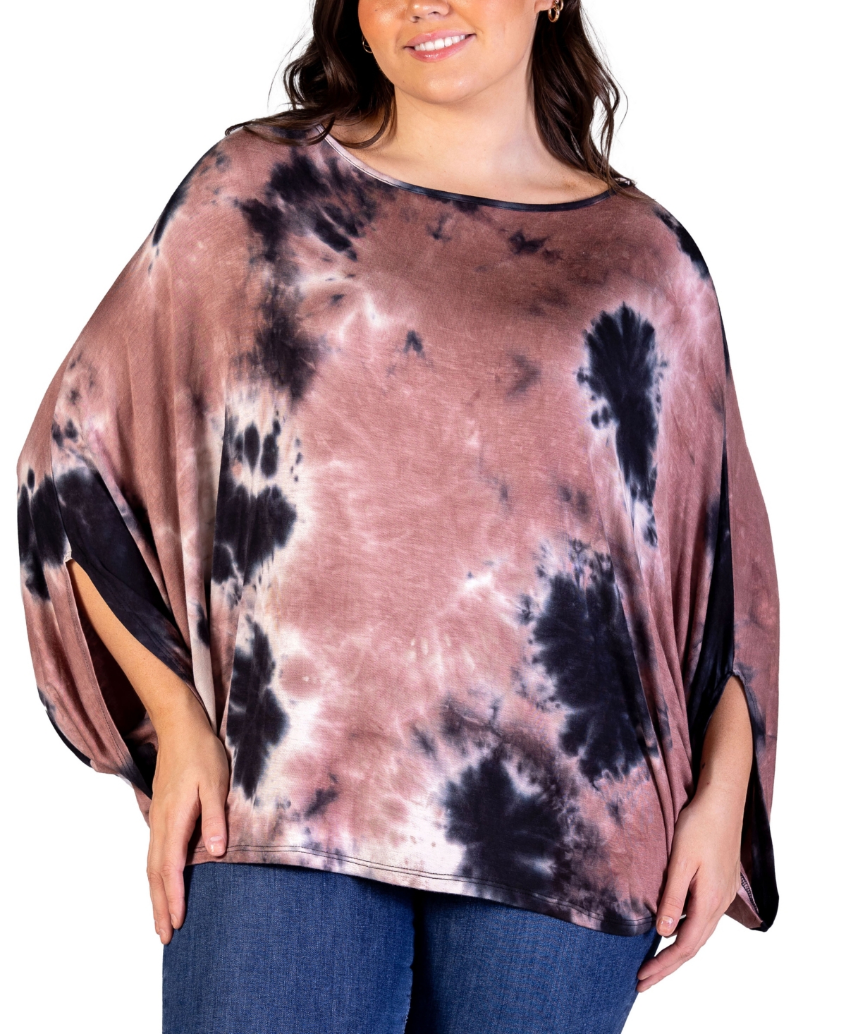Shop 24seven Comfort Apparel Plus Size Tie Dye Batwing Sleeve Relax Fit Top In Mocha Multi