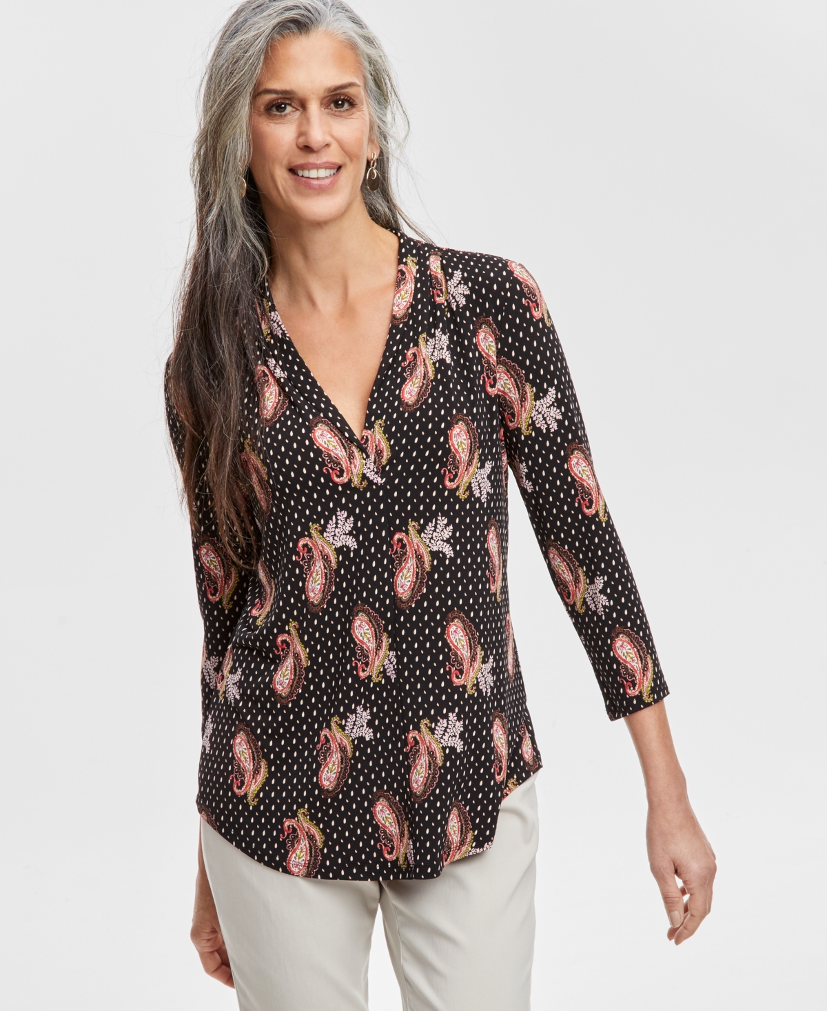 Shop Jm Collection Women's Printed V-neck Blouse, Exclusively At Macy's In Black Floral Combo
