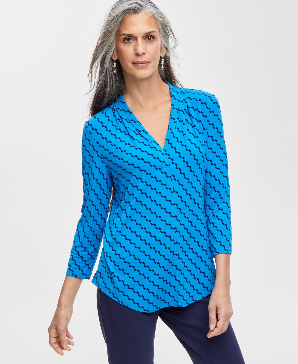 Jm Collection Women's Printed 3/4 Sleeve V-neck Knit Top, Created For Macy's
