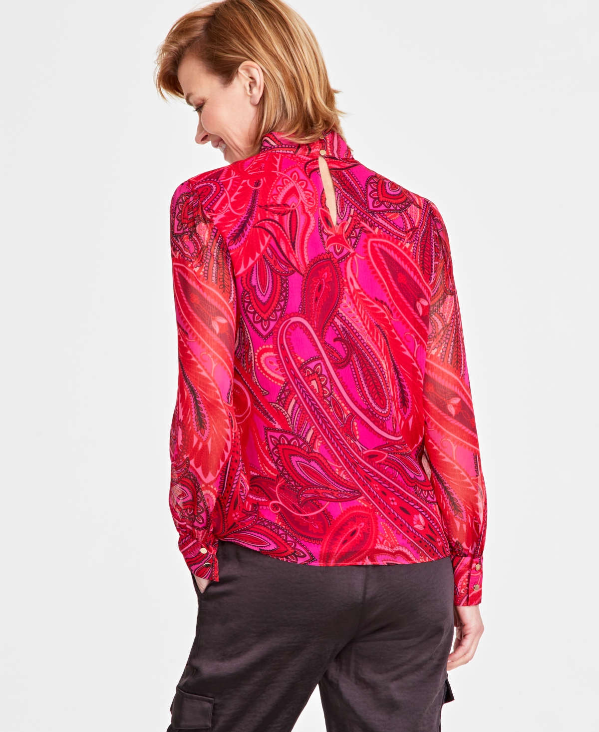I.n.c. International Concepts Women's Printed Long-Sleeve Mock-Neck Blouse, Created for Macy's