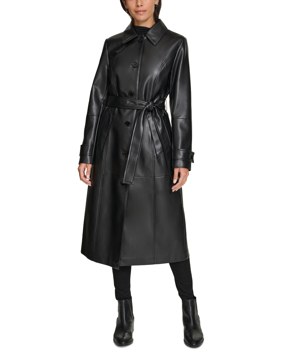 Calvin Klein Women's Belted Faux-leather Trench Coat In Black