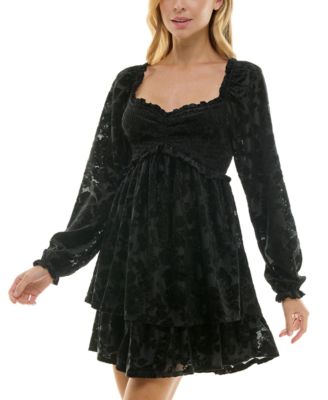 Juniors’ Sweetheart-Neck Long-Sleeve Mini Velvet Dress