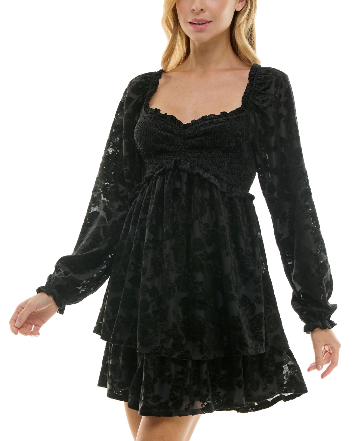 Crystal Doll Juniors' Sweetheart-neck Long-sleeve Mini Dress In Black