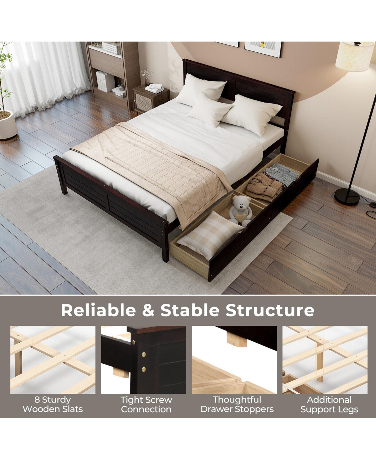Gymax Full Bed Frame with 2 Storage Drawers & Under-bed Storage Espresso - Dark brown+natural