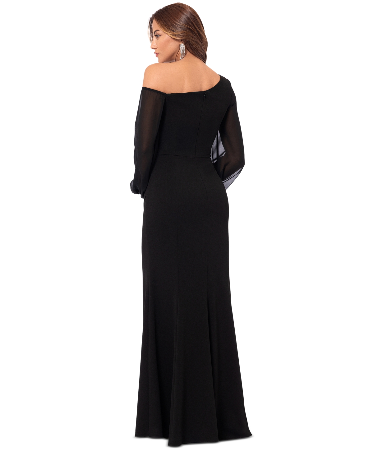 Betsy & Adam Petite One-shoulder Sheer-sleeve Evening Gown In Black