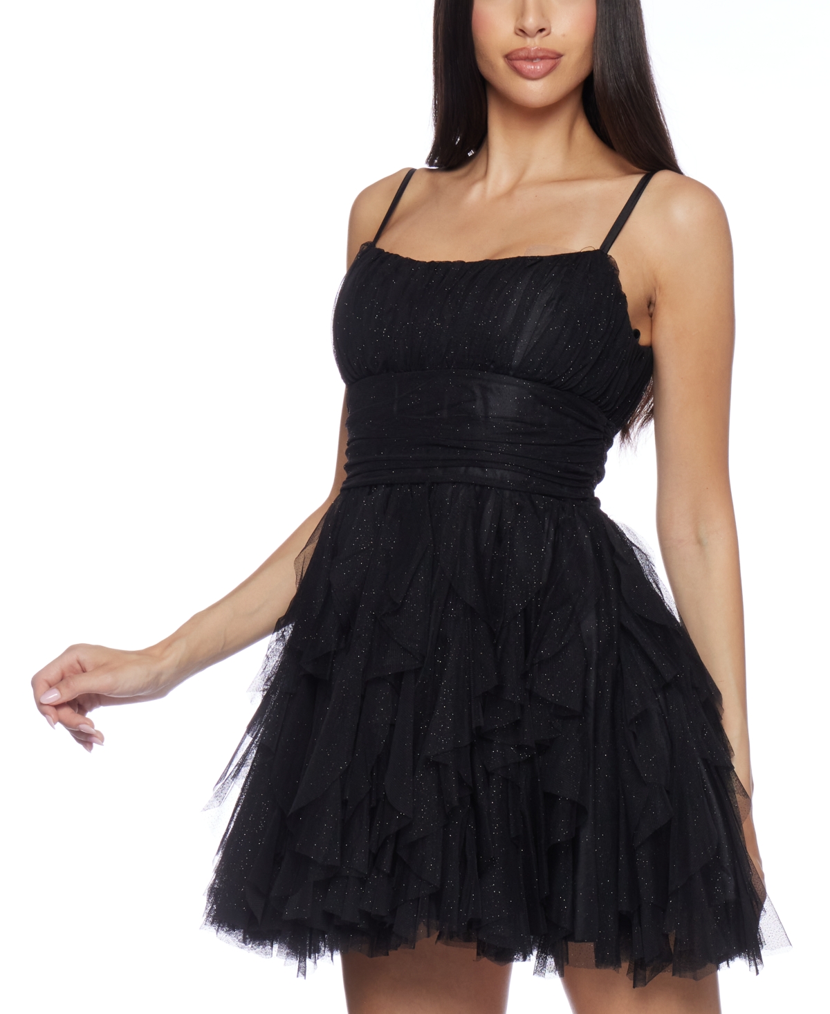B Darlin Juniors' Scoop-Neck Fit & Flare Mini Glitter Dress -blk