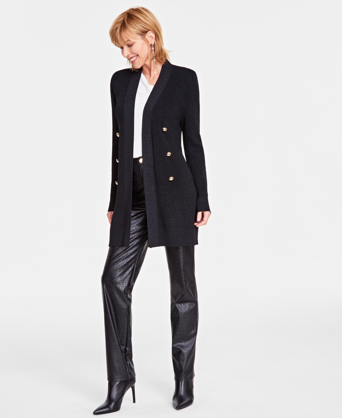 Inc International Concepts Women's Metallic Open-front Cardigan, Created For Macy's In Deep Black