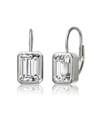 Sterling Silver Cubic Zirconia Baguette Drop Wire Back Earrings in White Gold Plated or 14k Gold Plated