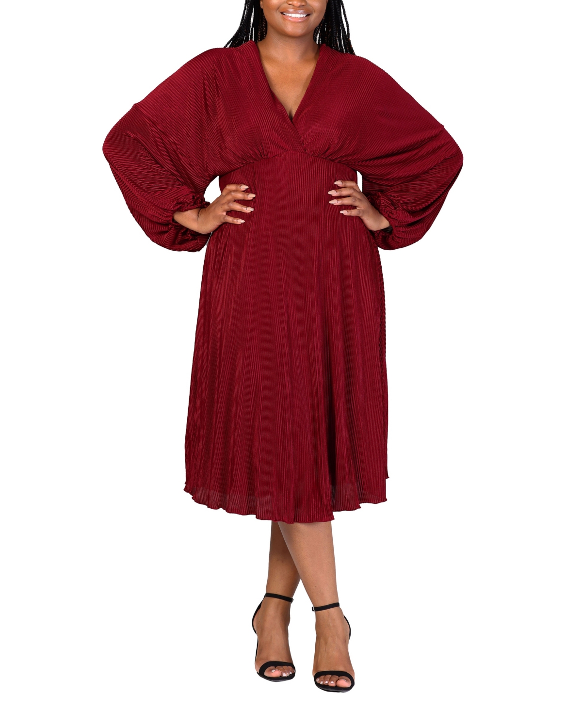 24seven Comfort Apparel Plus Size Shimmer V-neck Midi Dress In Wine