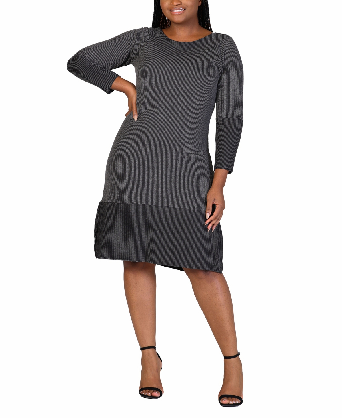 Plus Size Rib Knit Long Sleeve Sweater Dress - Black