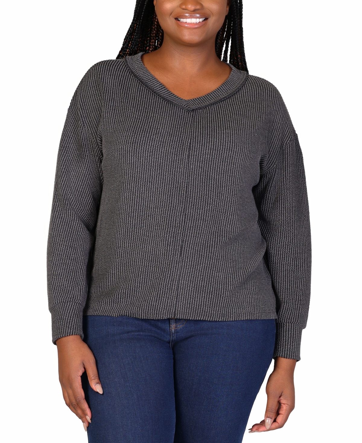 Shop 24seven Comfort Apparel Plus Size Fit Ribbed Knit V-neck Top In Black