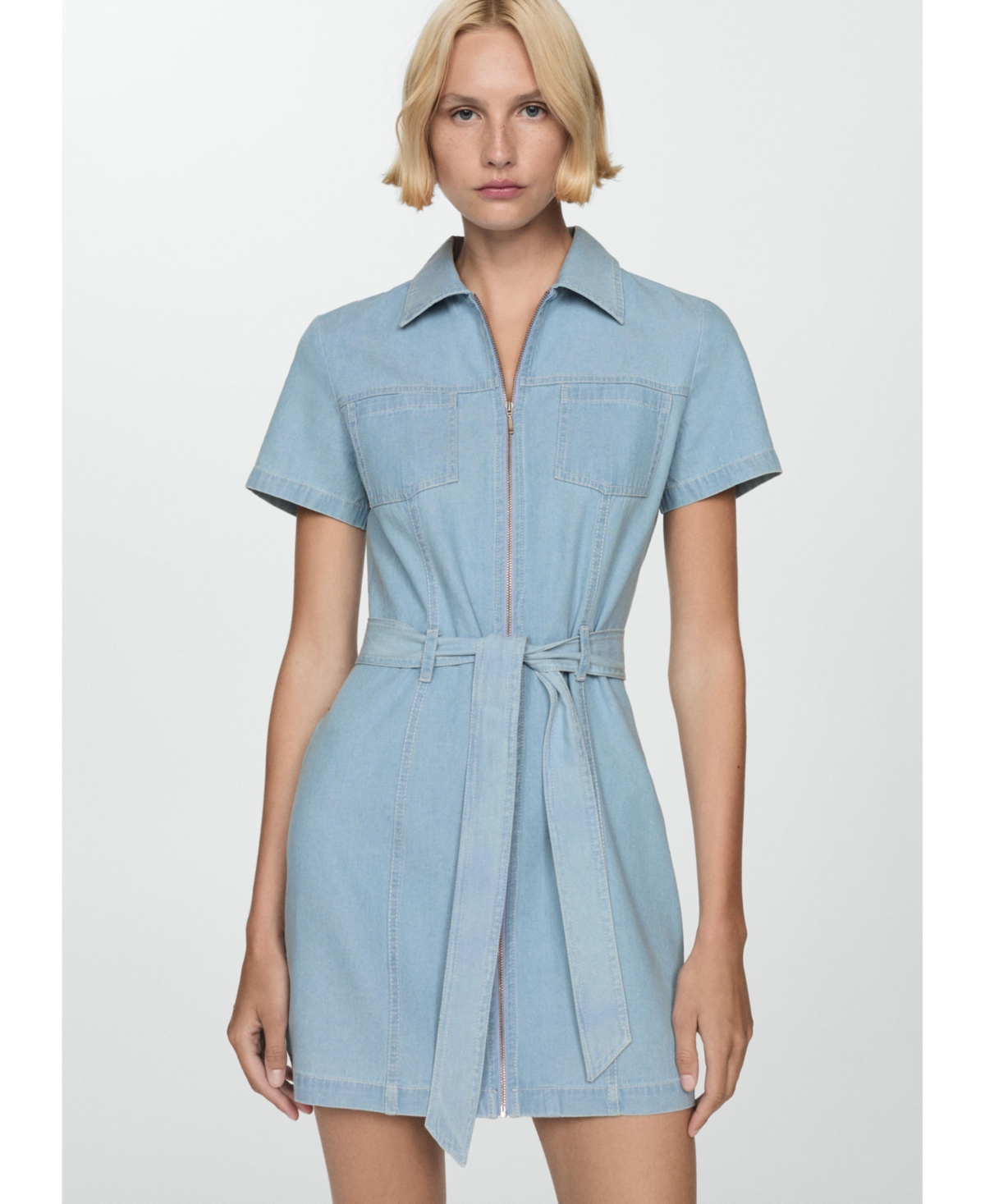 Mango Denim Dress With Belt Light Blue In Light Blue