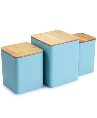 3 Piece Square Iron Kitchen Canister Set with Bamboo Lids in Turquoise