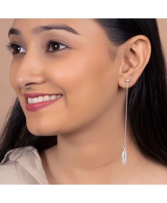 Boho Minimalist Long Thin Linear Beaded Ball Chain Feather Leaf Dangle Earrings Western Jewelry .925 Sterling Silver